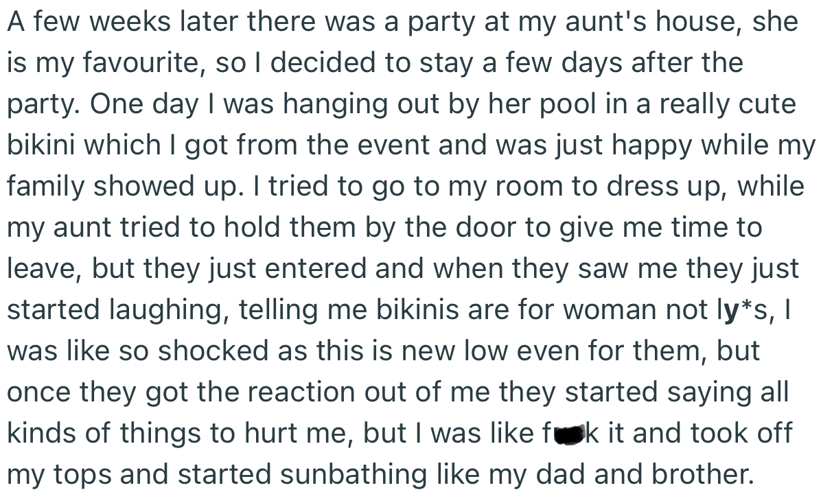 In a Recent Family Gathering, OP Got Mocked Yet Again by Her Dad and Brother. But This Time, She Proceeded to Take Off Her Top and Sunbathe by the Pool Like They Didn’t Exist