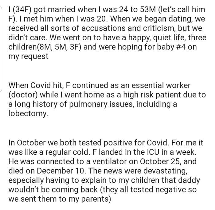 OP lost her dear husband to Covid
