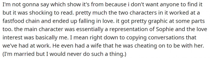 The characters were representations of OP and Sophie, and there were some graphic R-rated details involved.