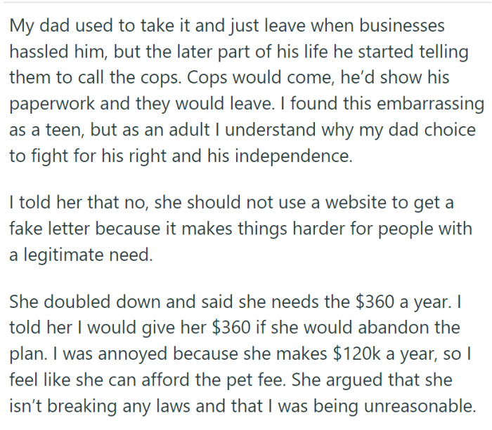 OP called her out on it. They have service animals in the family