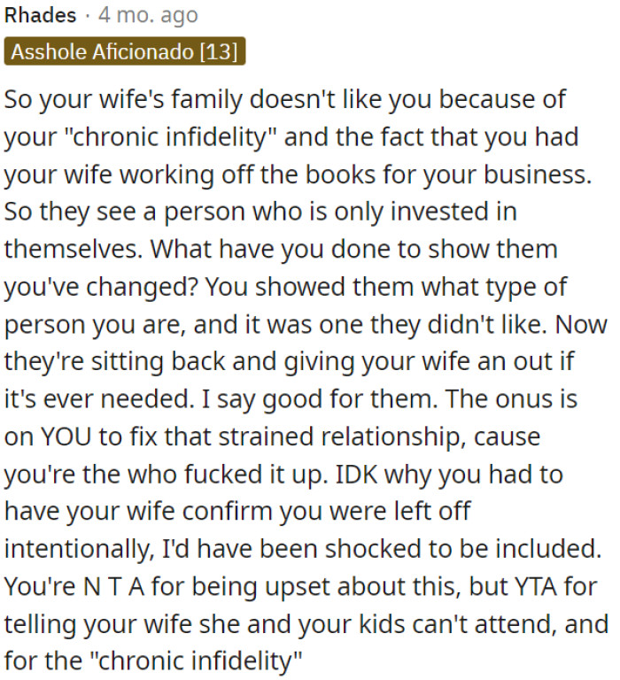 OP was wrong to tell his wife she and the kids can't attend and for the past infidelity.