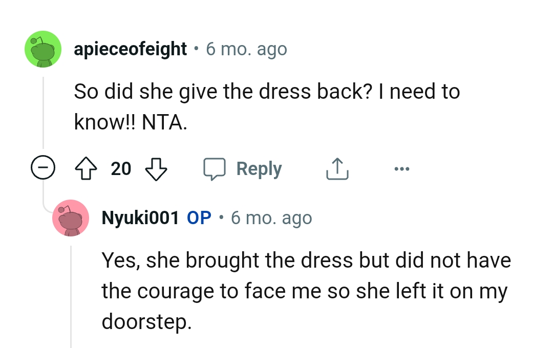 OP says she brought the dress and left it on her doorstep