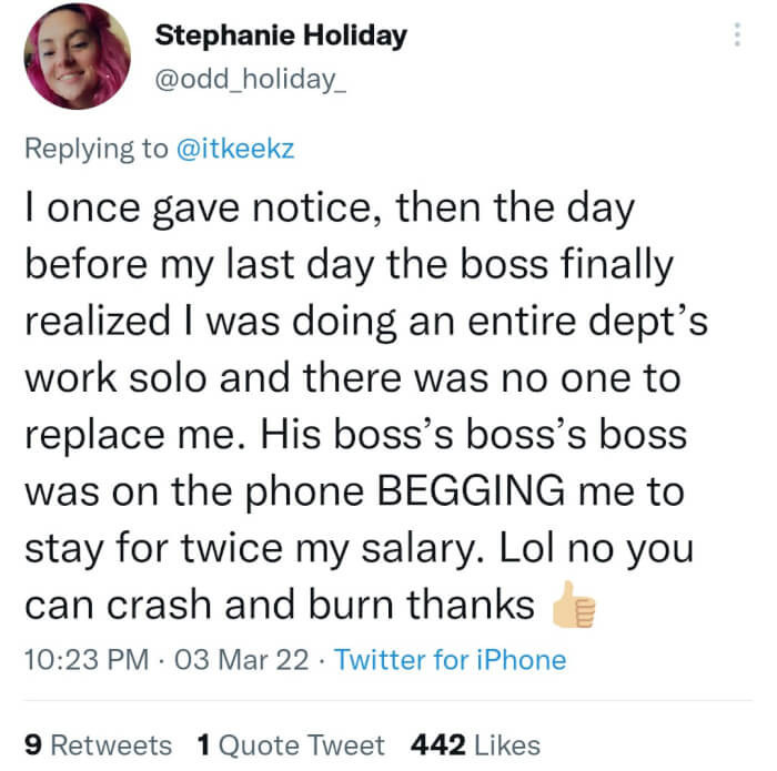 19. The carrot on a stick failed to motivate this person. When it's time to leave, it's time to leave.