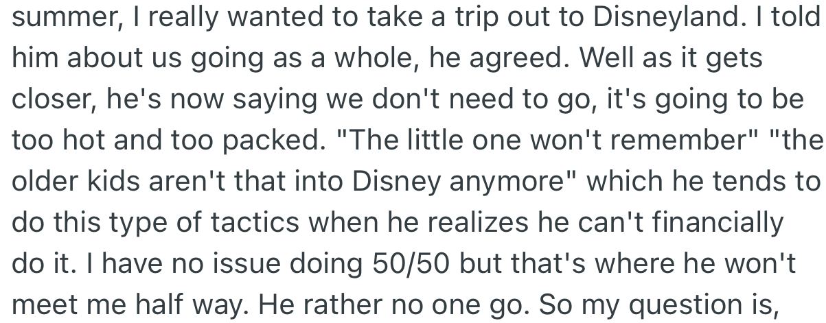 The couple agreed to go to Disneyland as a family, only for OP’s boyfriend to pull out later after realizing he wouldn’t be able to foot his own part of the bill