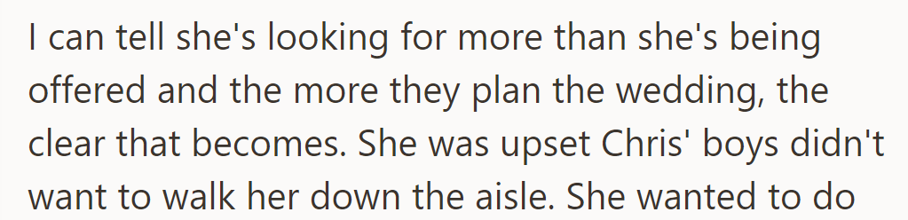 Kate’s growing dissatisfaction is evident as wedding plans progress; she’s upset Chris’s sons won’t walk her down the aisle.