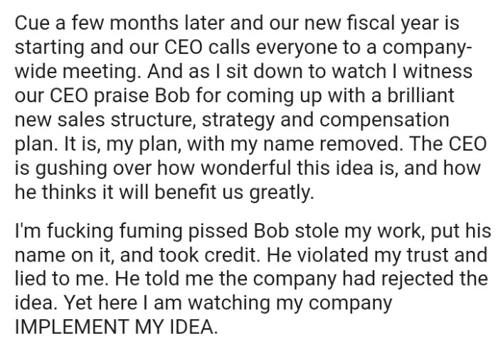 The OP witnessed the CEO praise Bob for coming up with a brilliant new sales structure, strategy and compensation