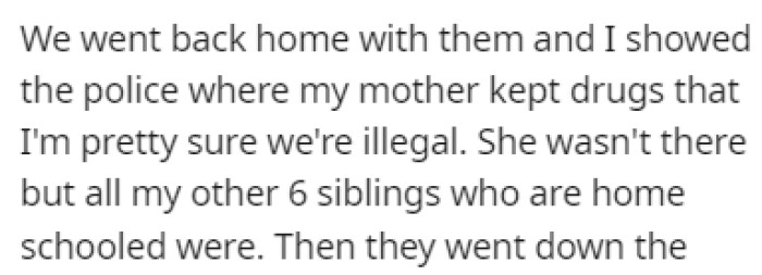 OP went home and showed the police his mother's drugs