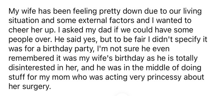 OP decided to throw a birthday party for his wife after getting his father's permission.