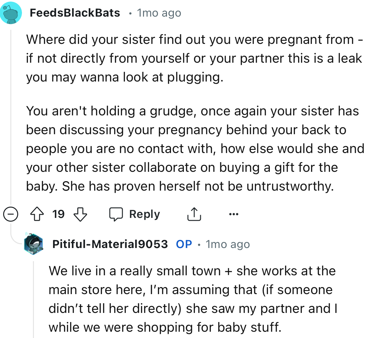 “You aren't holding a grudge; once again, your sister has been discussing your pregnancy behind your back to people you are no contact with.”
