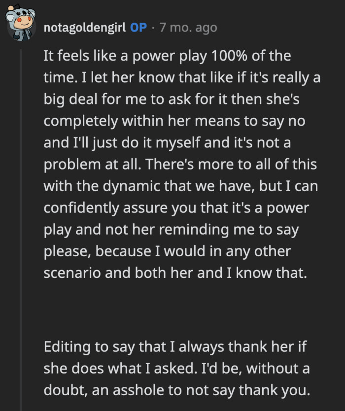 OP agreed that it was a power play on Jessica's part.