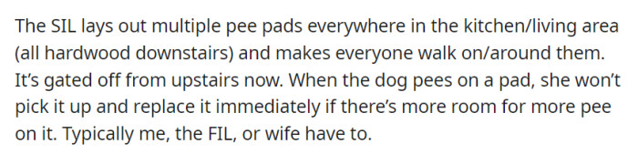 OP's SIL has placed pee pads all over the kitchen/living area and doesn't replace them promptly when soiled, leaving others to clean up.