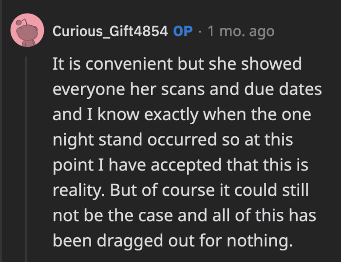 OP mentioned in another comment that she hopes the child is her husband's baby. It would hurt more, she said, if all of this drama was brought up for nothing.