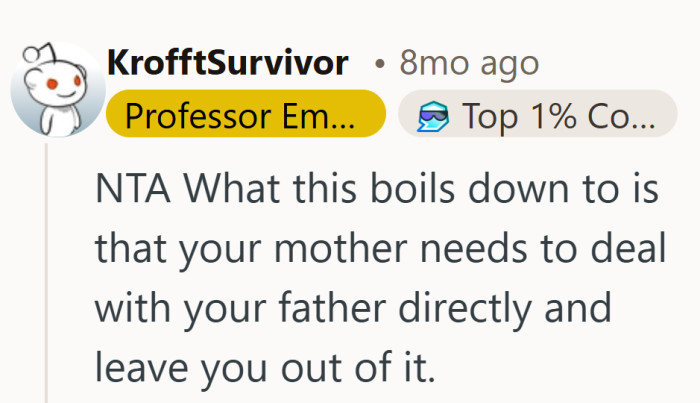 Funny how the adults kept avoiding each other, yet expected her to manage the conversation.