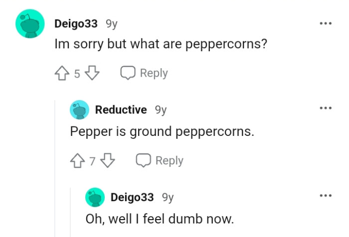This Redditor wants to understand what the OP means by peppercorns, and another Redditor took the honor of explaining it