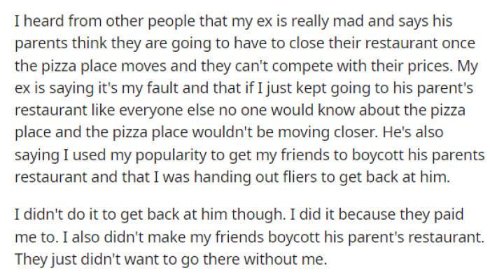 She explains what happened with this new pizza place and why her ex decided to blame her for his parent's company closing down.