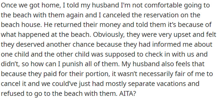 Due to the beach incident, OP opted to call off the vacation with her in-laws.