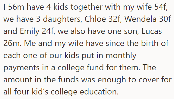 The OP explained they had been investing in a college fund for each child