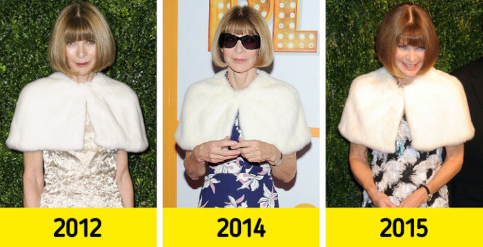 19. Anna Wintour has remained true to both her large haircut and a light mantle.