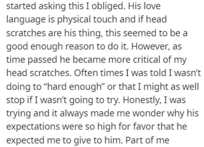 Her husband would always ask for head or back scratches after their bedtime activities, and OP would oblige