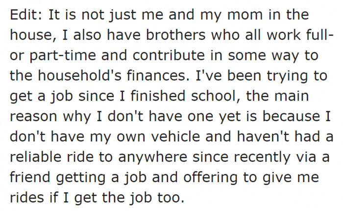 The OP's household situation.