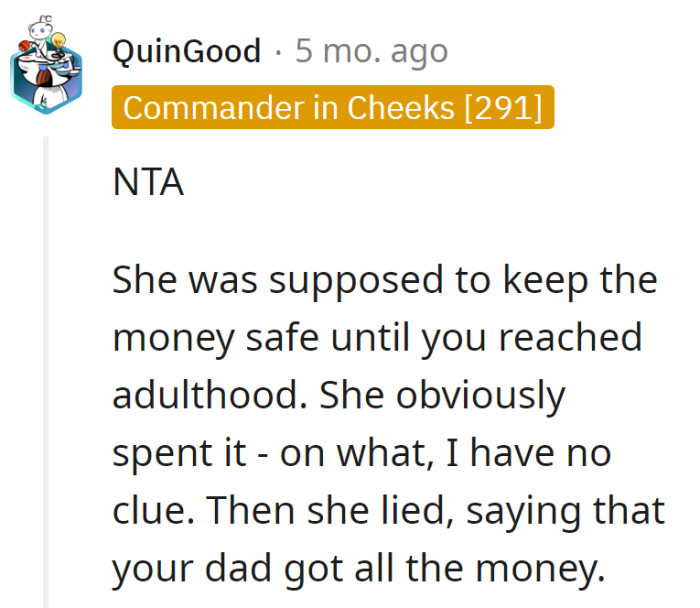 Mom's safekeeping was more like a shopping spree. She claimed Dad got it all—probably spent on a mystery treasure.
