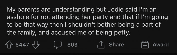 Jodie's reaction made OP doubt her decision, so she decided to consult with the Reddit community.