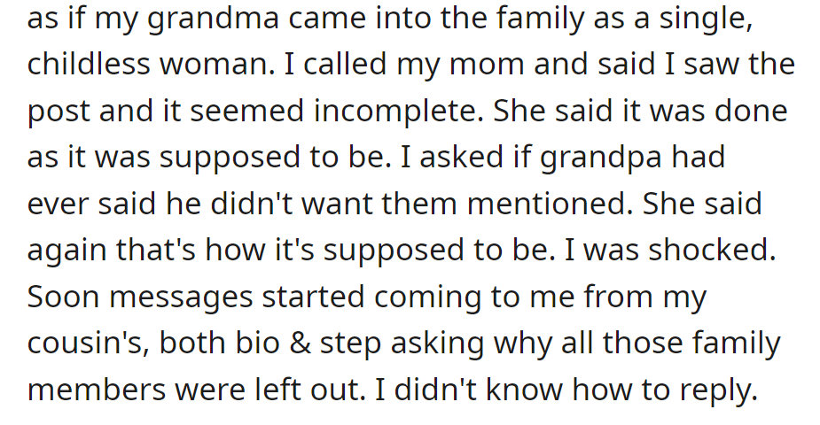 When asked, her mom said it was intentional, leaving her unsure how to respond to her cousin's messages.