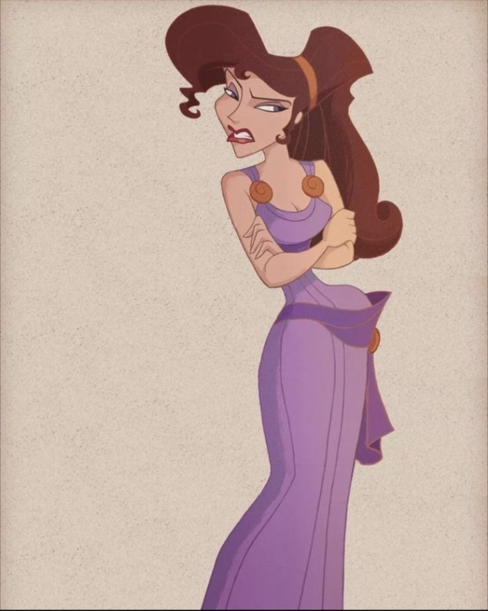 Megara (Hercules, 1997) carries a darker auburn-brown that sets her apart from the bright cast around her.