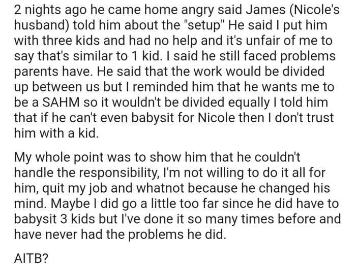 Later on, Ben discovered that his wife and Nicole intentionally set him up with three kids. However, OP still maintains her ground that he's not ready, as he wouldn't do any better with one kid.