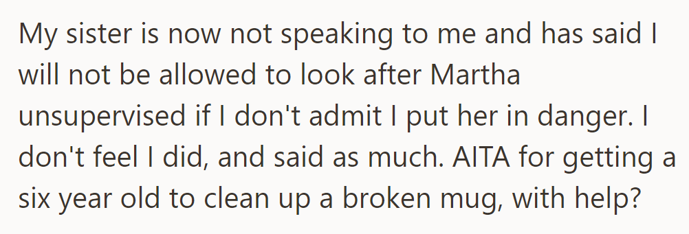 Their sister won't talk to them until they admit to endangering Martha by having her clean up a broken mug. OP disagrees.