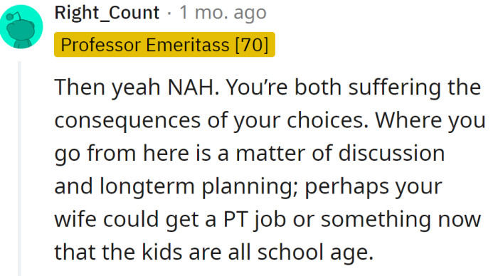 One Redditor suggested the OP's wife could also get a job