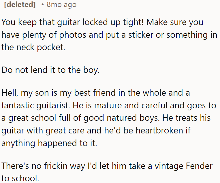 OP should keep her guitar safe; it's too risky for a vintage Fender at school.