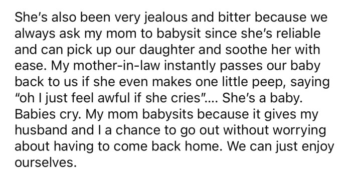 MIL Is Jealous That They Always Ask the OP's Mom to Babysit Instead of Her.