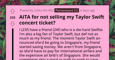 Coworker Gets Mad and Leaves When Redditor Refuses to Sell Her Taylor Swift Tickets, Says She Should Have Them Because She Works Harder