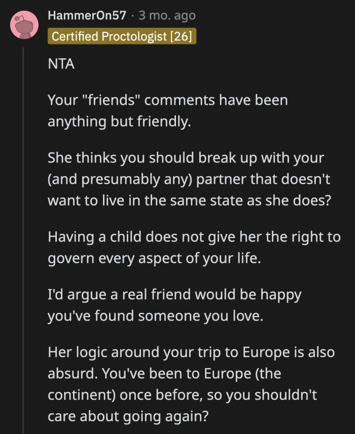 It's unhealthy to expect OP to give everything up just to support Trish