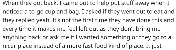 When they got back, she noticed a to-go cup and a bag