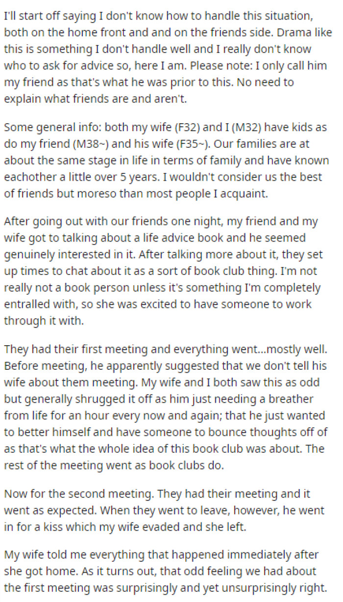 OP's post starts off with a little bit of a story about his wife and the friend he will be discussing in this situation.