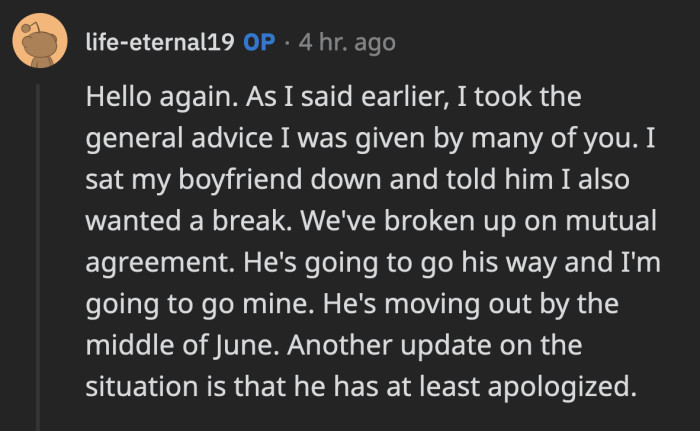 OP posted an incredible update hours after their initial post. They broke up and he apologized!