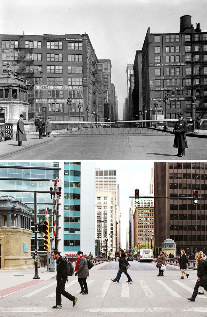 "Street Bridge From The South Bank Of The South Branch - 1916 Jackson Street Bridge From The South Bank Of The South Branch - 1916 And Today"