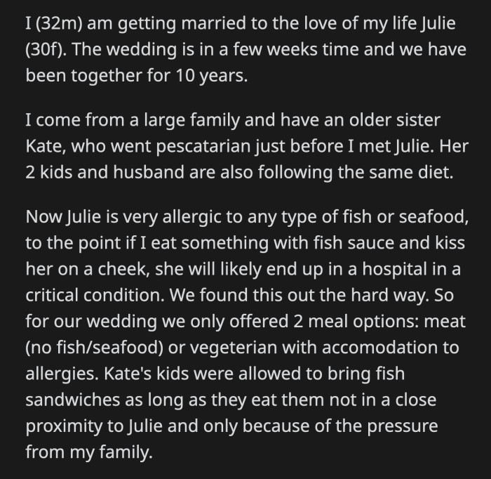 They can either choose the vegetarian option or bring food that will not trigger Julie's allergy