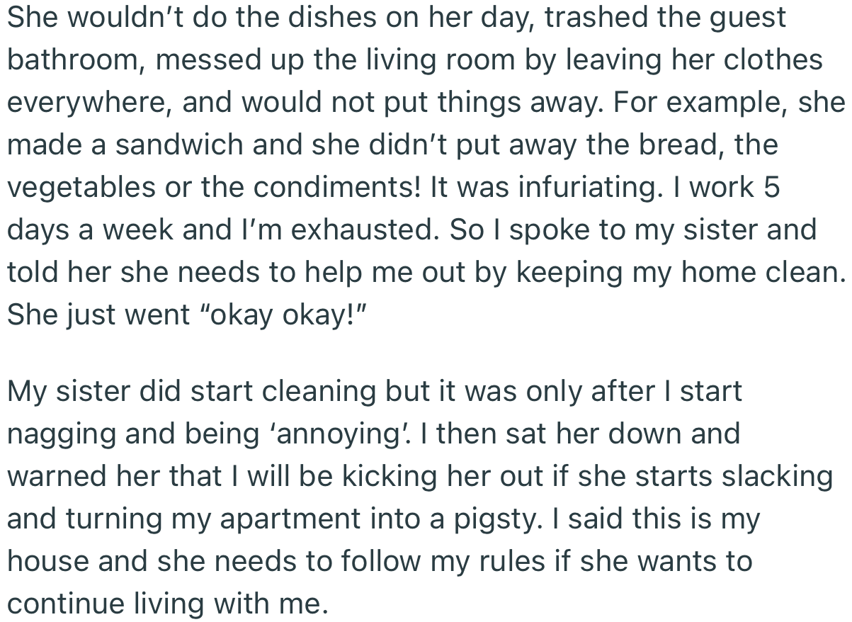 OP’s Sister Started to Slack on Her Chores. This Prompted OP to Threaten to Kick Her Out if She Didn’t Follow the House Rules