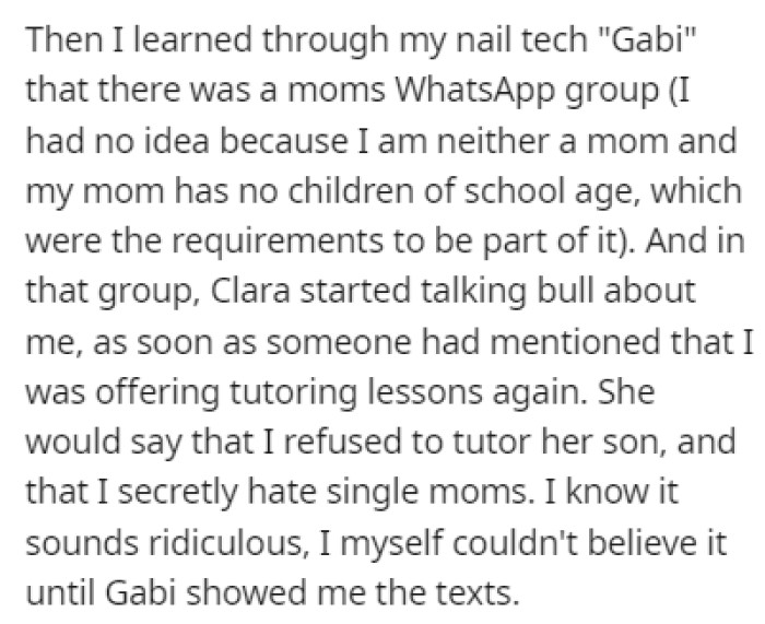 OP learned from her nail tech, Gabi, that there was a WhatsApp group where Clara was spreading lies about OP