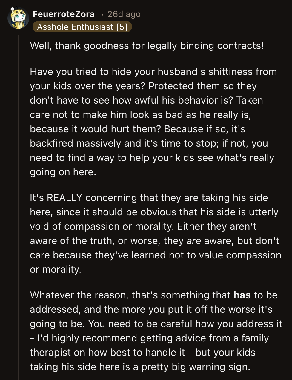 As for their children, a commenter advised OP to seek guidance from a therapist to find an age-appropriate way of handling family problems.