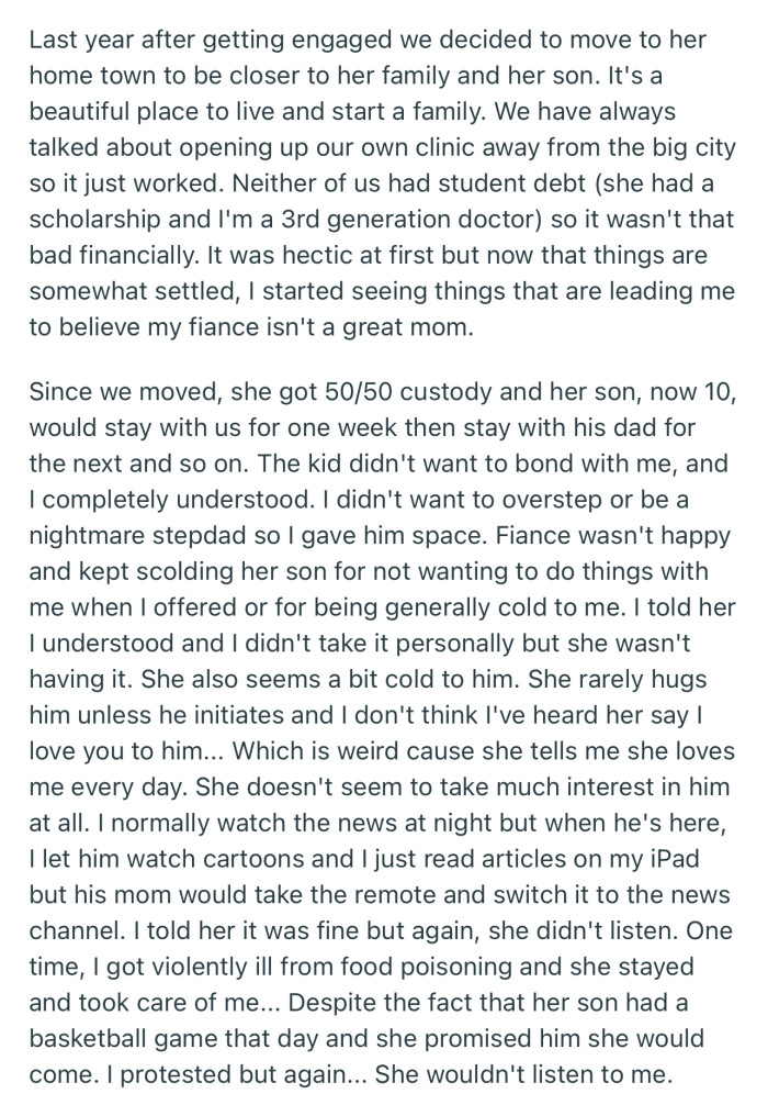 OP and His Fiancée Moved to Her Hometown, Which Gave Her 50/50 Custody of Her Son. But OP Started Seeing Signs of Her Poor Parenting