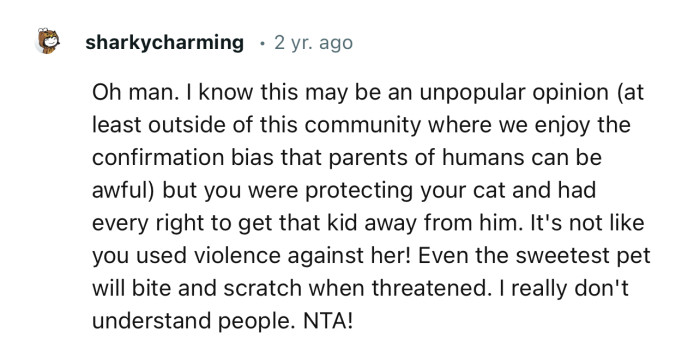 “You were protecting your cat and had every right to get that kid away from him.”
