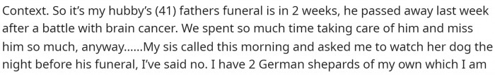 Here's the main part of the story explaining her reasoning on why she can't watch her dog.