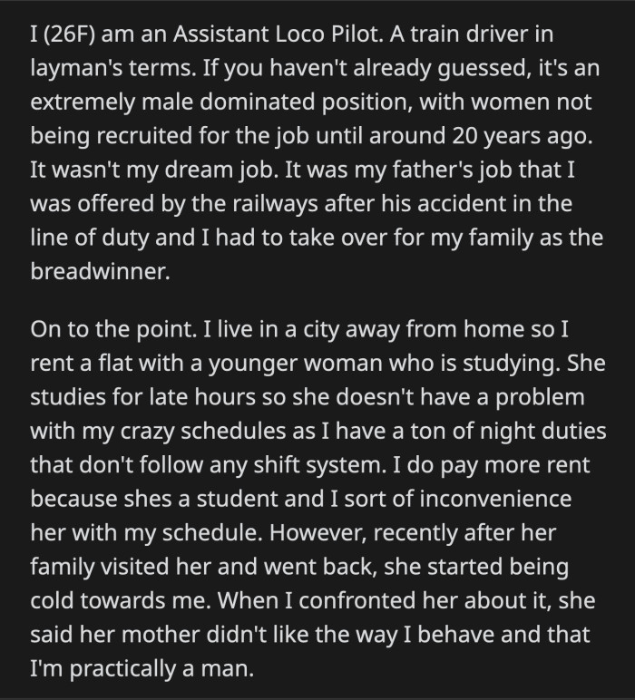 Her roommate's mom said that OP's job, her uniform, and working on 