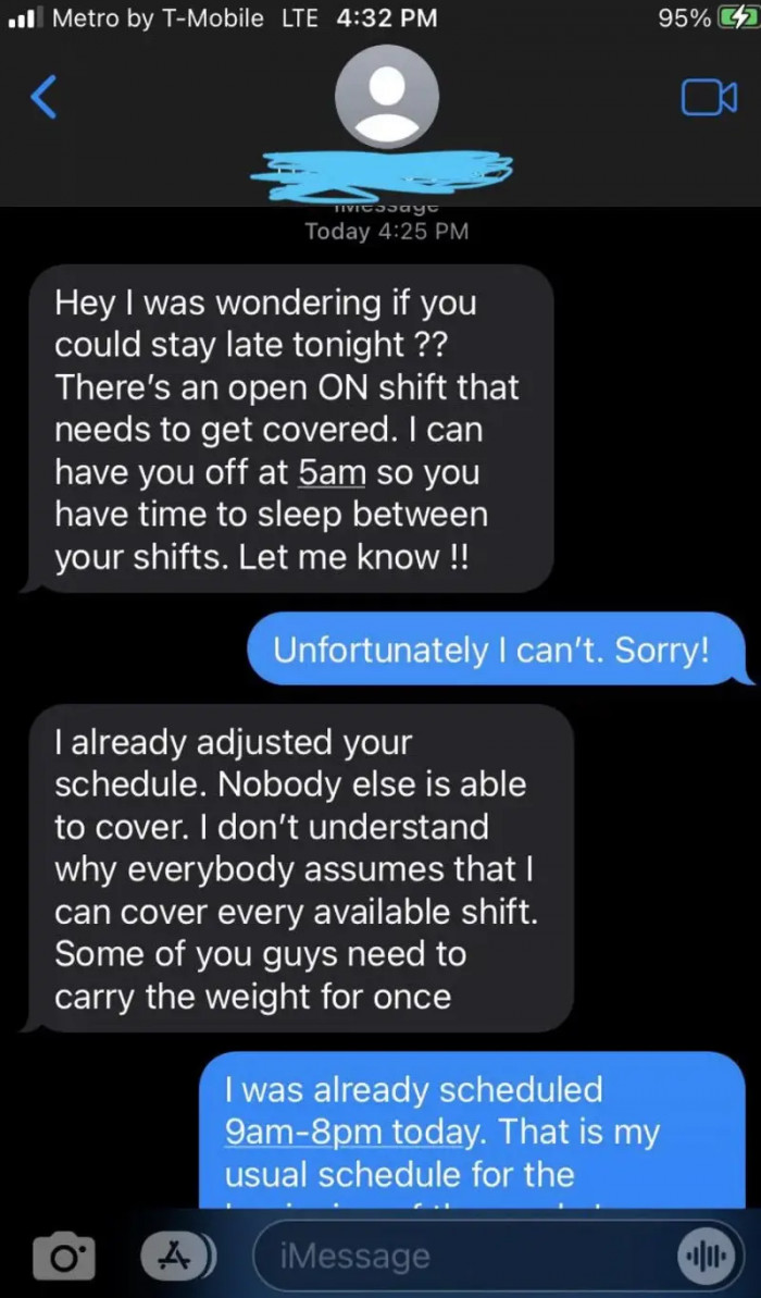 4. A boss trying to schedule their employee for a 20-hour shift without obtaining their consent