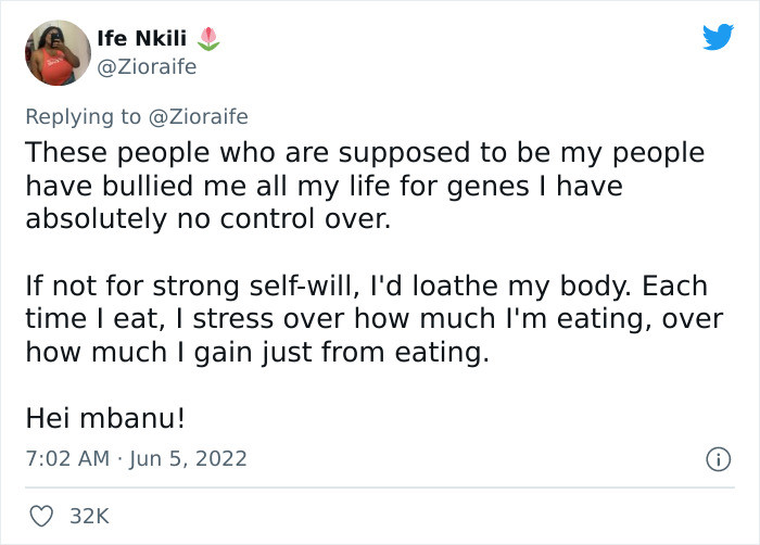 Ife actually doesn't loathe her body, and she is strong-willed enough not to let these comments pull her down. However, she does stress over her food intake.