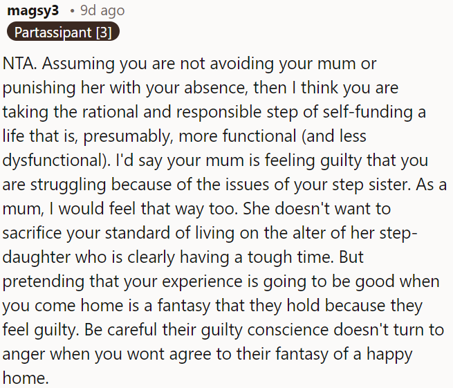 OP needs to be cautious that her parents' guilt doesn't morph into anger if she doesn't conform to their idealized vision of a happy home.